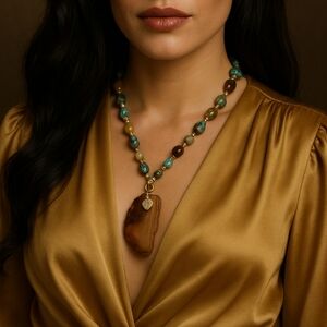 VINTAGE 70'S GEMSTONE BEADED NECKLACE WITH AGATE SLICE PENDANT